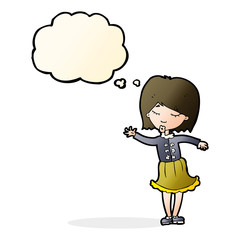 cartoon waving woman with thought bubble