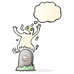 cartoon ghost rising from grave with thought bubble