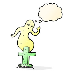 cartoon ghost rising from grave with thought bubble