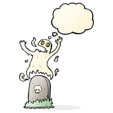 cartoon ghost rising from grave with thought bubble