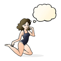 cartoon woman in lingerie with thought bubble