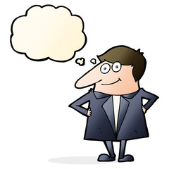 cartoon happy man in suit with thought bubble
