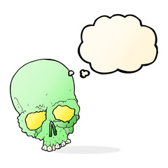 cartoon spooky old skull with thought bubble
