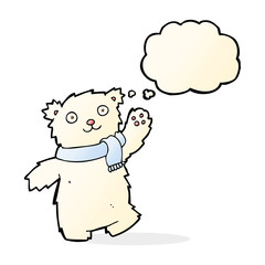 Obraz premium cartoon teddy bear wearing scarf with thought bubble