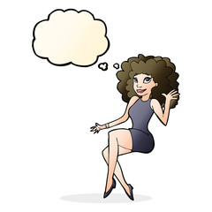 cartoon sitting woman waving with thought bubble