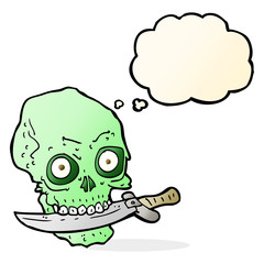 cartoon pirate skull with knife in teeth with thought bubble