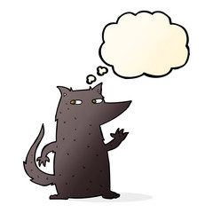 cartoon wolf waving with thought bubble