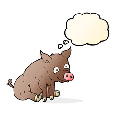 cartoon happy pig with thought bubble