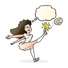 cartoon female soccer player kicking ball with thought bubble