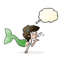 cartoon mermaid blowing kiss with thought bubble