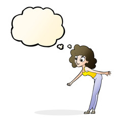 cartoon woman reaching to pick something up with thought bubble