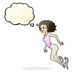 cartoon flying woman with thought bubble