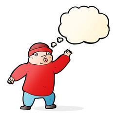 cartoon man in hat waving with thought bubble