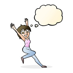 cartoon excited woman with thought bubble