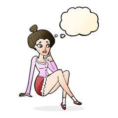 cartoon attractive woman sitting thinking with thought bubble