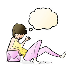 cartoon woman leaning on package box with thought bubble