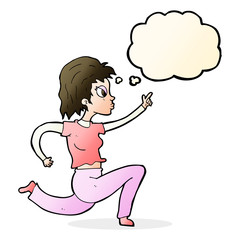 cartoon woman running and pointing with thought bubble