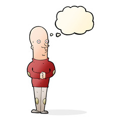 cartoon funny bald man with thought bubble