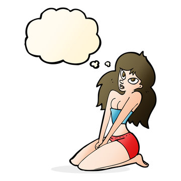 cartoon woman in skimpy clothing with thought bubble