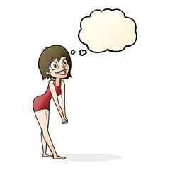 cartoon excited woman with thought bubble