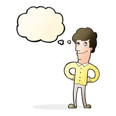 cartoon happy man with thought bubble