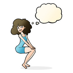cartoon sitting woman in dress with thought bubble