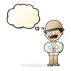 cartoon man in safari hat with thought bubble