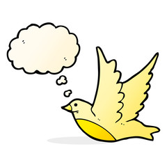 cartoon flying bird with thought bubble