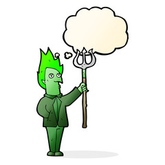 cartoon devil with pitchfork with thought bubble