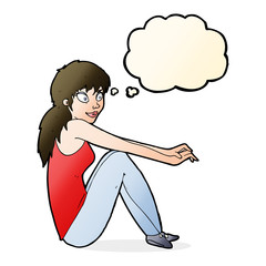 cartoon happy woman sitting with thought bubble