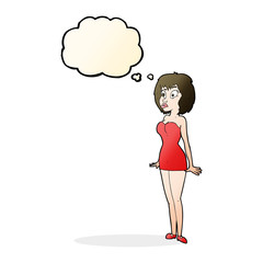 cartoon surprised woman in short dress with thought bubble