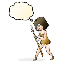 cartoon cave girl with thought bubble