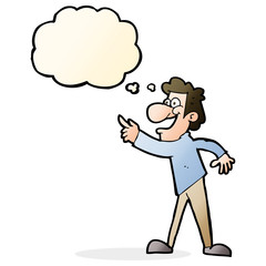 cartoon man pointing and laughing with thought bubble
