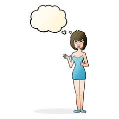 cartoon confused woman in cocktail dress with thought bubble
