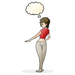 cartoon pretty girl in jeans and tee with thought bubble