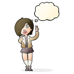 cartoon cool girl giving peace sign with thought bubble