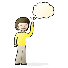 cartoon friendly boy waving with thought bubble