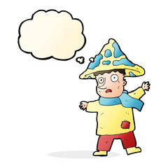cartoon magical mushroom man with thought bubble
