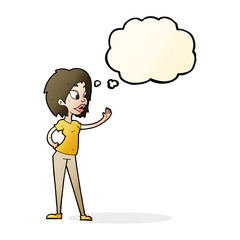 cartoon woman waving with thought bubble