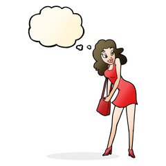 cartoon woman looking in handbag with thought bubble
