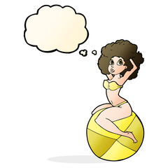 cartoon pin up girl sitting on ball with thought bubble