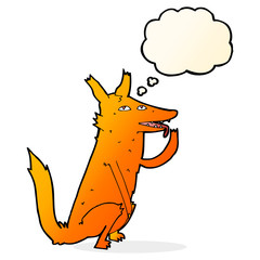 cartoon fox licking paw with thought bubble