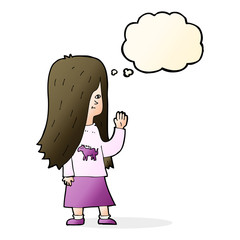 cartoon girl with pony shirt waving with thought bubble