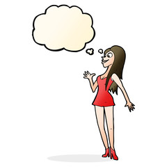 cartoon woman in pink dress with thought bubble