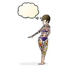 cartoon bikini girl covered in tattoos with thought bubble