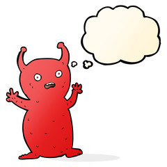 cartoon funny little alien with thought bubble