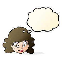 cartoon happy female face with thought bubble