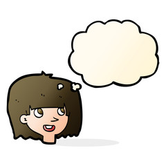 cartoon happy female face with thought bubble