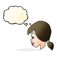 cartoon pretty female face with thought bubble