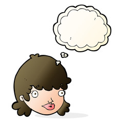 cartoon female face with surprised expression with thought bubbl